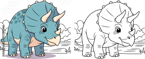Cute Cartoon Blue Triceratops Dinosaur Adorable Prehistoric Wildlife Illustration