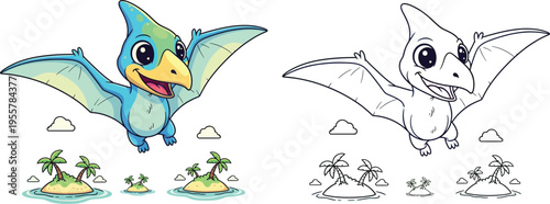 Cute Cartoon Pterodactyl Flying Over Tropical Islands Adorable Prehistoric Scene