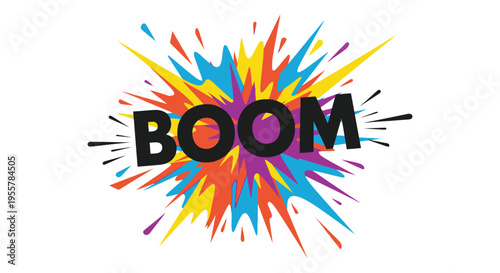 Colorful explosion graphic with bold boom text in dark silhouette