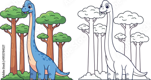 Cute Cartoon Brontosaurus Eating Leaves in Forest Adorable Prehistoric Wildlife Illustration
