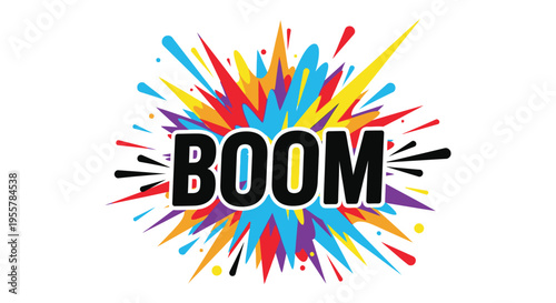 Colorful explosion graphic with boom text in bold dynamic silhouette
