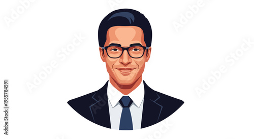 Illustration of a smiling Asian business man in a suit and tie with glasses on a plain white background.