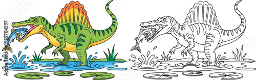 Cartoon Spinosaurus Catching Fish in Water Dynamic Prehistoric Wildlife Illustration