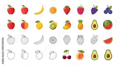 Collection of colorful and outline fruit icons on a white background