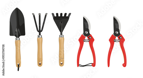 Gardening tools set including trowel, hand rake, cultivator, and pruning shears