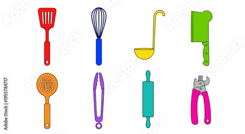 Collection of colorful kitchen utensils arranged in a grid on a white background