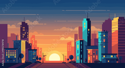 Vibrant cityscape at sunset with modern skyscrapers and warm glowing sky
