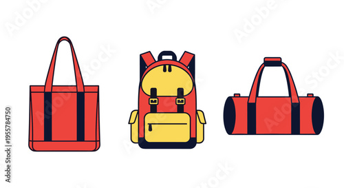 Collection of three distinct bags: tote, backpack, and duffel, in a flat design style