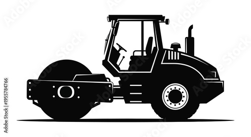 Black silhouette of a road roller construction vehicle against a white background silhouette