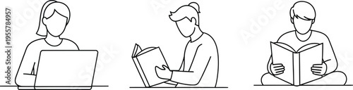 People reading and using laptop in minimalist style