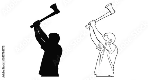 Two lumberjacks raising axes in a dynamic pose black and white silhouette
