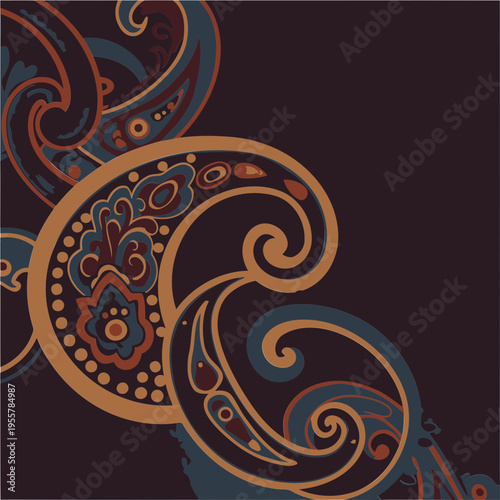 Paisley design with gold, brown, and teal colors in a decorative pattern. Ornate paisley motifs in a corner composition.