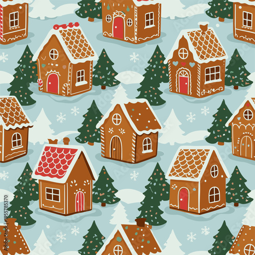 Gingerbread houses with Christmas trees in a winter scene. Charming, stylized houses with decorative frosting, situated amongst decorated fir trees and snow-covered ground.