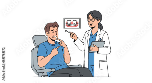 Illustration of a male patient sitting in a chair talking to a female doctor pointing at an X-ray image on a screen with a white background.