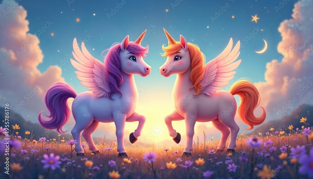 Obraz premium Two winged unicorns with golden horns stand in meadow with purple and yellow flowers. Pastel colors fill sky with clouds and stars. Peaceful twilight scene with magical creatures in nature setting.