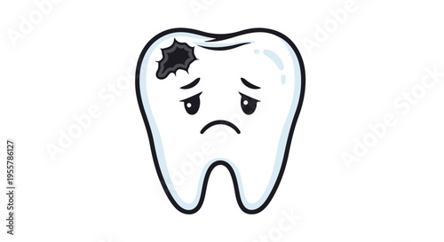 Cartoon tooth with a frown and a cavity on a white background.