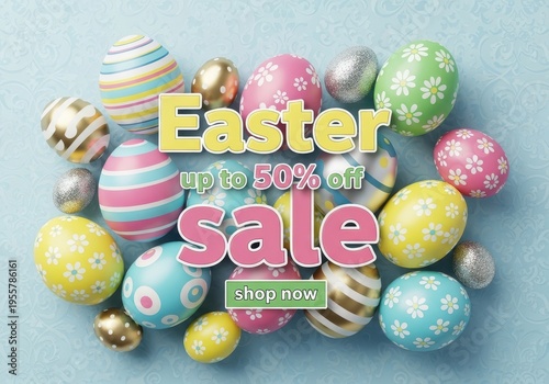 Festive easter sale promotion graphic featuring a collection of colorful decorative holiday eggs