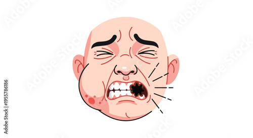 Illustration of a bald man's face with a painful expression and a large boil on his cheek against a plain white background.