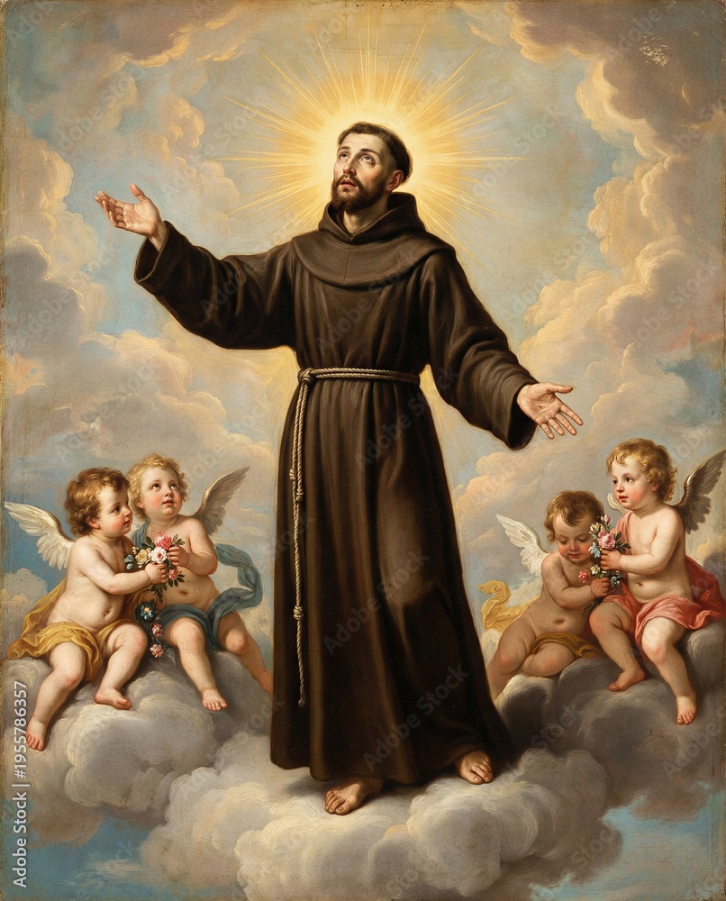 Naklejka premium Saint Francis Ascending in Glory with Angels Baroque Painting