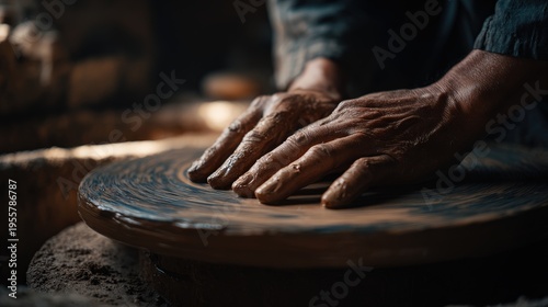 Artisan shapes pliable earth on a spinning wheel in low light