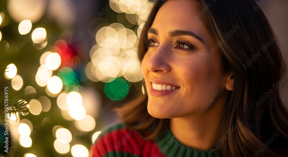 Fototapeta premium Happy woman celebrating Christmas with festive bokeh lights in warm indoor setting