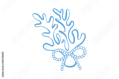 Blue coral branch with a pearl bow, elegant marine illustration for coastal decor 