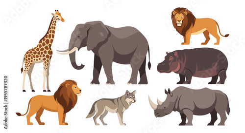 Collection of wild animals including a giraffe, elephant, lion, wolf, hippo, and rhino shown in flat vector illustration style.