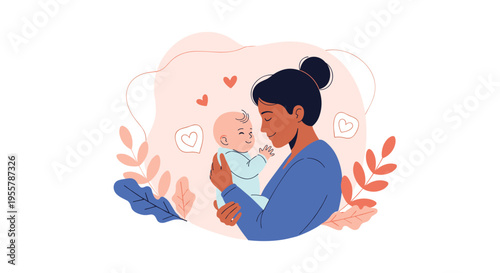 Loving mother tenderly holding her happy baby in a warm embrace surrounded by soft decorative leaves and floating heart icons.