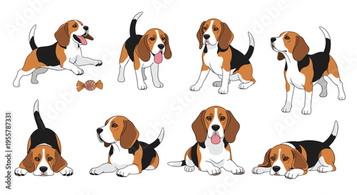 Diverse set of beagle puppies in different active and calm positions such as sitting, lying down, and playing with a toy.