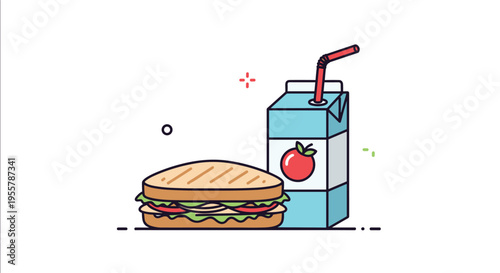 Delicious grilled sandwich paired with a carton of fresh apple juice featuring a red straw for a healthy and satisfying lunch.