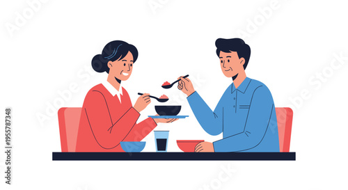 Happy couple enjoying a healthy meal together at a dining table, sharing food and conversation in a warm and cozy home environment.