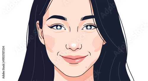 Cartoon illustration of a smiling young woman with long black hair and blue eyes on a white background.