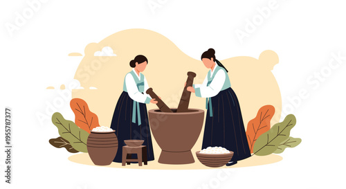 Women in traditional Korean hanbok using large wooden pestles to grind grain in a stone mortar during a harvest festival activity.