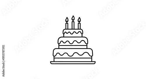 Simple black and white line art of a three-tiered birthday cake topped with three burning candles on a serving plate.