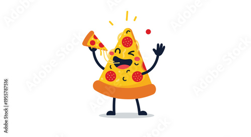 Happy cartoon pizza slice character with arms and legs waving and holding a smaller piece of pizza in a fun illustration.