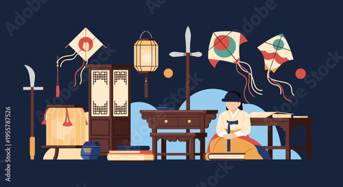 Extensive collection of traditional Korean cultural items including furniture, kites, instruments, and people in historic dress.