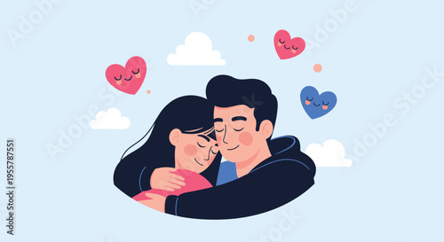 Young couple embracing lovingly with their eyes closed surrounded by colorful heart icons and soft white clouds in the sky.