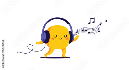 Cute yellow character with headphones dancing and listening to music with musical notes floating around it in a fun way.