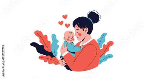 Caring mother holding her baby close to her chest with a warm expression and colorful decorative leaves in the background.