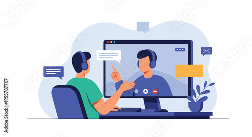 Person having a video call with a friend or colleague on a computer screen showing speech bubbles and a plant on the desk.