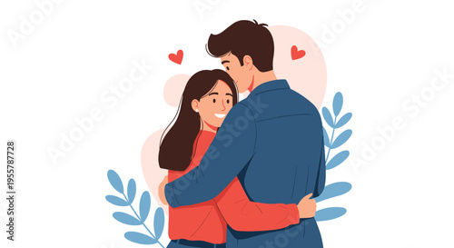 Loving couple embracing in a warm hug with small heart symbols and blue leaves decorating the background of the illustration.