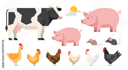 Set of various farm animals including a cow, pigs, chickens, and mice depicted in a clean flat vector illustration style.