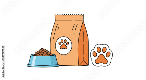 Pet care set featuring a large bag of dry dog food, a full blue food bowl, and a paw print icon on a white background.