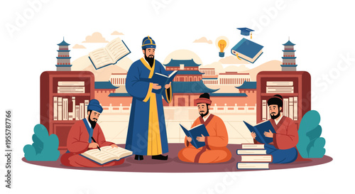 Scholars in traditional Korean attire studying and writing in books within a historical palace setting with bookshelves.