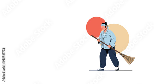 Person in traditional Korean dress holding a long broom and sweeping in front of large red and yellow circular design elements.