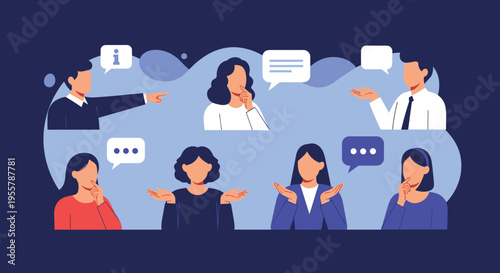 Group of diverse individuals communicating through various gestures and speech bubbles in a modern flat vector illustration.