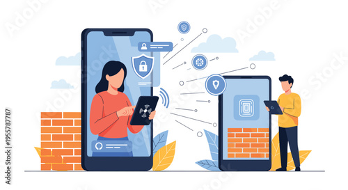 Mobile data security and privacy protection concept featuring people using devices shielded by firewalls and digital icons.