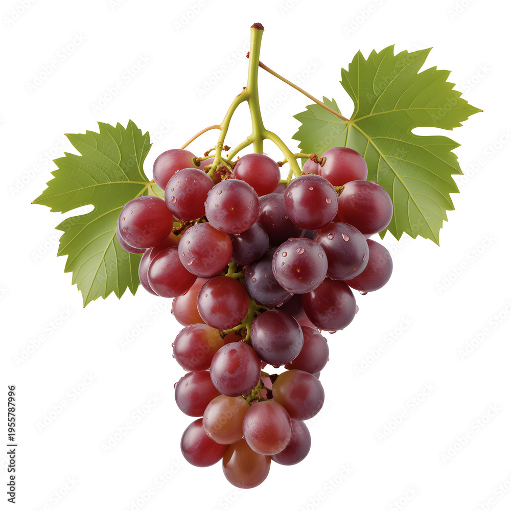 Fototapeta premium Cluster of ripe red and purple grapes with green vine leaf isolated on white, fresh fruit close-up for food, wine and harvest concepts
