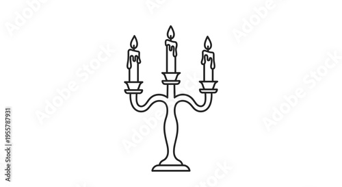 Elegant classic candelabra with three arms holding lit candles and melting wax in a clean black and white line art style.
