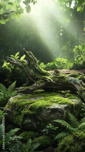 Natural mockup with stone platform and forest background for product display	